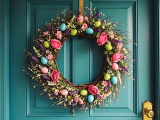 Vibrant easter wreath on teal door