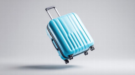 A vibrant blue suitcase floats, hinting at journeys, travel, and the excitement of new adventures.
