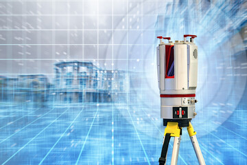 High-precision 3D laser scanner on tripod captures building geometry, enabling accurate surveying,...