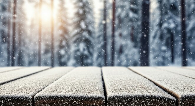 Closeup of a wooden surface covered in frost and snow, with a blurred winter forest background