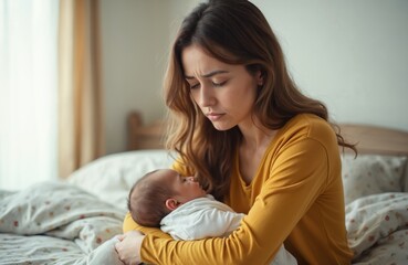 Naklejka premium Tired young mother sits in bed holding baby infant. Woman looks worried stressed feeling exhausted overwhelmed with new motherhood. Peaceful baby sleeps in her arms.