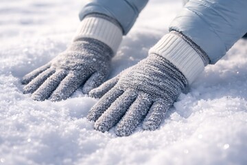 Closeup Hand gloves on Fresh Snow Winter Fitness and Outdoor Activity.