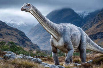 Fototapeta premium Large dinosaur walking through mountainous terrain under cloudy skies in a prehistoric setting