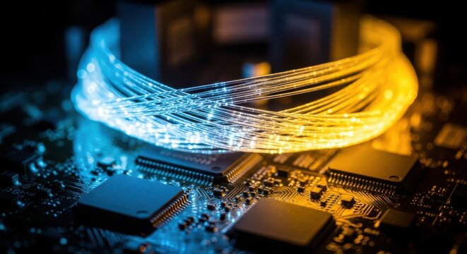 Closeup of glowing fiber optic cables intertwined over a computer motherboard with microchips, symbolizing data transfer and technology