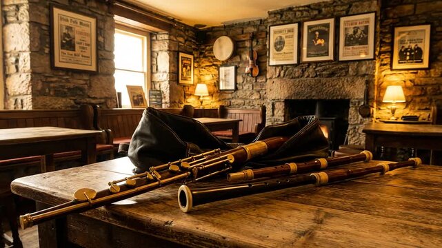 uilleann pipes arranged on wooden table inside irish folk music room orbit video