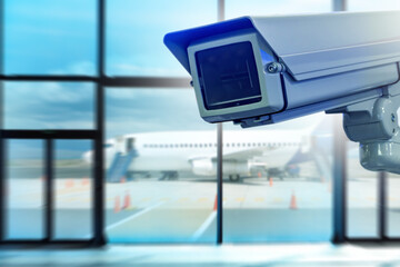 Airport security surveillance monitors aircraft area with CCTV camera inside terminal. Transport safety control, passenger protection, aviation security systems, infrastructure monitoring.