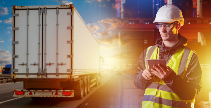Freight logistics inspector checks cargo transport data on tablet near delivery truck. Road freight control, shipment tracking, safety compliance, transport management.