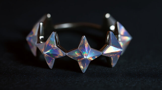 Opulent sterling silver cuff adorned with faceted, iridescent dichroic gems, captured in a dramatic macro shot against a deep black velvet surface.