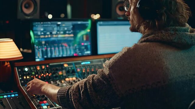Medium shot featuring an audio engineer using machine learning mastering tools to boost the dynamic range and warmth of a rock song with studio monitors and mixing console in view