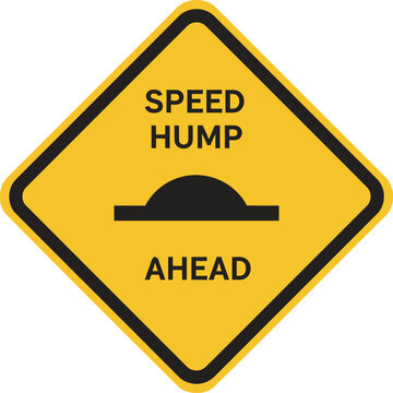 Yellow diamond road sign warning of speed hump ahead with black text and graphic vector