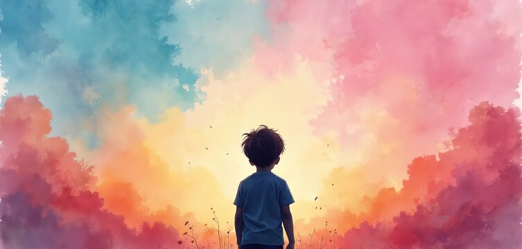 Young boy looks at colorful sky, clouds, and distant horizon. Child dreams, imagines possibilities, contemplates future, feels hope, and seeks inner peace.