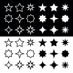 A collection of geometric star icons. A set of various simple and complex geometric star shapes.
