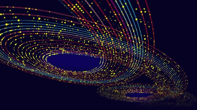 Abstract digital data stream of quantum computing.  Cyberspace of radial path on two disk. Visualisation of tech information transmission. Big data.