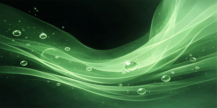 Abstract green background of a water drop on a leaf featuring blue wave lines and futuristic motion curves in a fractal vector art design for a light energy wallpaper backdrop