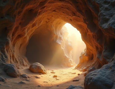 Sunlight enters rocky cave mouth illuminating sandy floor, cavern walls. Rays pierce darkness showing rough geological formations, scattered stones. Light source shines from opening onto ancient