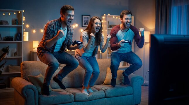 Immerse yourself in the thrill of gaming as three friends experience the high-energy excitement of a video game, their faces mirroring a mix of exhilaration and focus.