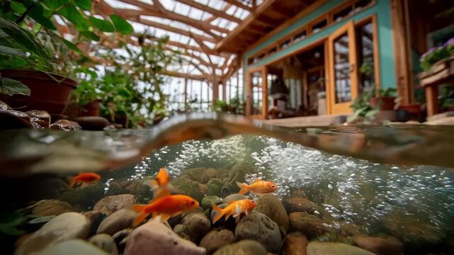 Home aquaponics system close medium shot with fish swimming and plants thriving main system in crisp detail while the surrounding room is out of focus.