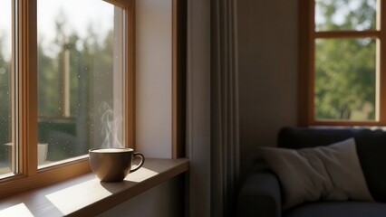 Fototapeta premium Steaming coffee cup in a cozy, peaceful setting with warm natural sunlight on a wooden window sill for relaxation and home decor.