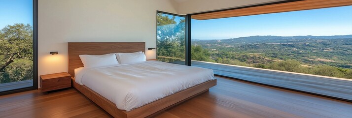 Naklejka premium Modern bedroom with king-size bed and panoramic view of rolling hills through floor-to-ceiling windows