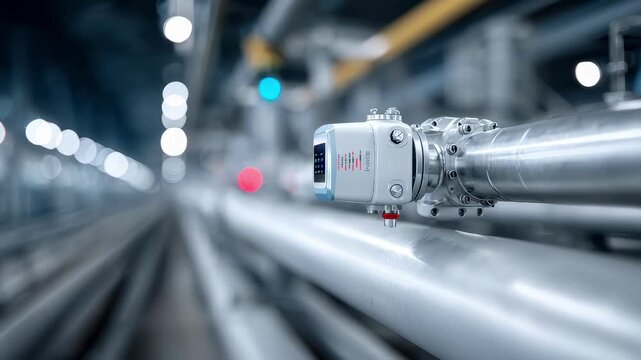 Closeup medium shot of flow rate sensors attached along a pipeline main sensor in focus with blurred pipes extending into the background conveying advanced tracking.