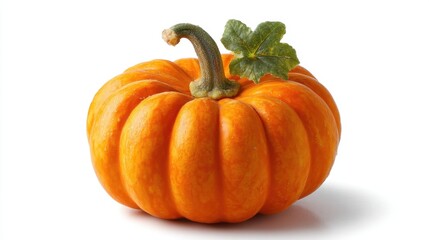 Obraz premium Vibrant orange pumpkin with green stem and leaf.
