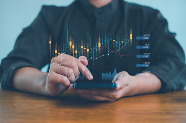 Trader analyzing stock market chart on smartphone, fintech investment concept with candlestick graph, price trend, portfolio growth, real-time trading and analytics.