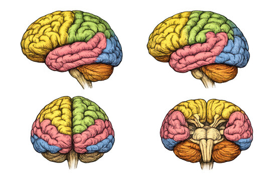 Human brain anatomy illustrating different lobes and sections with colorful medical illustration on transparent background