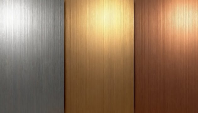 Three panels of brushed metallic texture. Silver steel background meets gold brass and copper surface. Industrial abstract design, modern luxury material.