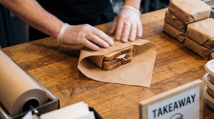 A hands carefully wraps a fresh sandwich with brown paper. A simple and classic scene that embodies the simplicity of fast food packaging.