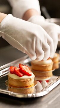 Close-up vertical shot of a pastry chef wearing white gloves meticulously placing fresh strawberry slices onto a creamy vanilla tartlet displayed on a reflective silver catering tray in a dark kitchen