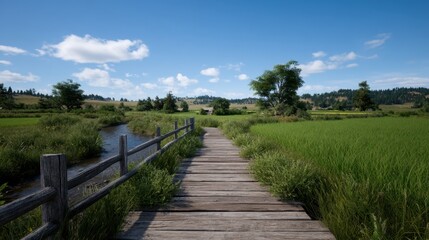 Fototapeta premium Serene Wooden Bridge Over Irrigation Stream in Lush Green Countryside Landscape