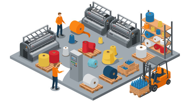 Industrial textile manufacturing isometric vector illustration showing textile production machinery and spools of thread