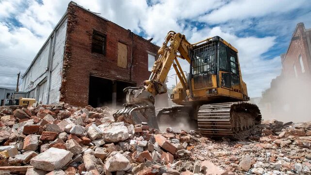 Construction Excavator Demolishing Brick Building &ndash; Heavy Machinery Demolition Site, Industrial Work, and Urban Renewal Project.