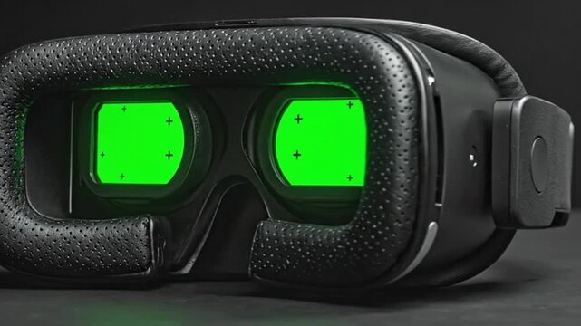 Virtual reality headset with green screens, offering immersive digital experiences and interactive simulations.