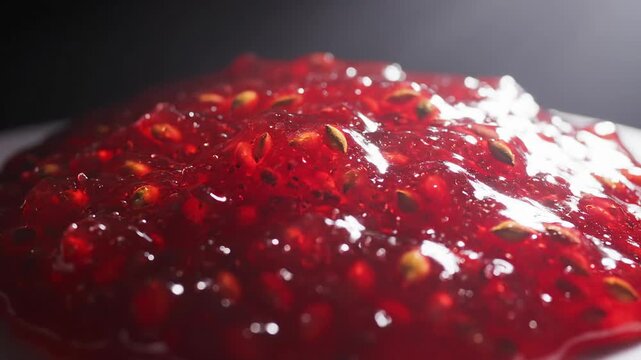 Close-up macro shot of glistening raspberry jam with seeds, food texture, sweet spread