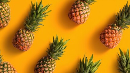 Fototapeta premium Tropical pineapples on vibrant yellow background.