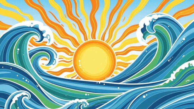 A vibrant illustration of a sun and waves, set against a blue sky with yellow and orange hues, with large, 