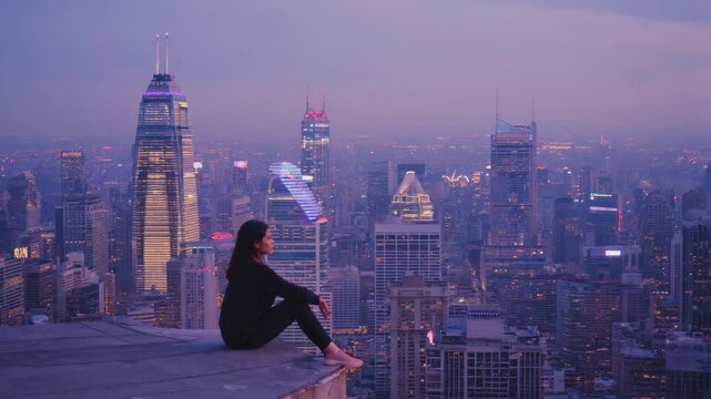 Cinematic video of woman sitting on rooftop edge with glowing futuristic city skyline in violet dusk light
