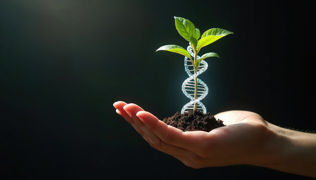 Hand holds soil with young green plant growing from dna helix symbol. Concept of life, science, evolution, growth, biotechnology and nurture on dark background. - Powered by Adobe