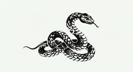 Obraz premium A black and white illustration of a snake coiled around itself, with a white background and a black outline.