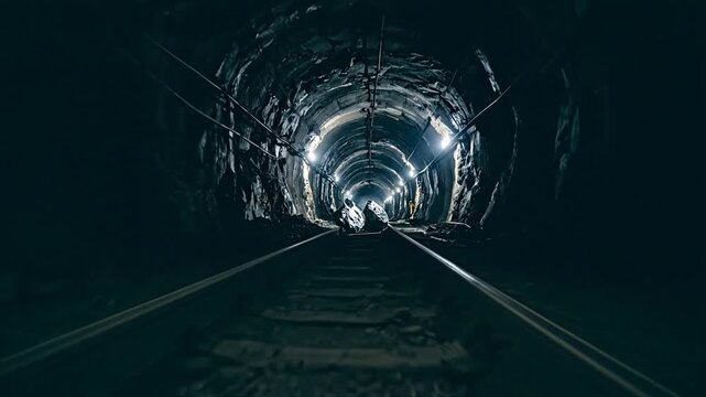 A long, dark tunnel with rock walls and ceiling, lit by scattered lights, leads into the distance