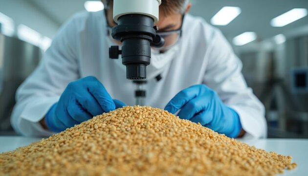 Scientist in lab coat and blue gloves examines grain seeds with microscope. Researcher studies crop quality in agricultural lab facility, using advanced tech for food analysis.