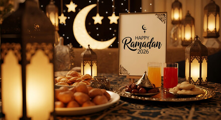 Naklejka premium A warm and inviting Ramadan celebration setup featuring a festive platter of traditional sweets and juices, illuminated by lantern light and a crescent moon backdrop