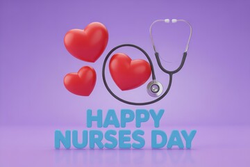 A stethoscope and red hearts celebrate "HAPPY NURSES DAY" on a vibrant purple background.