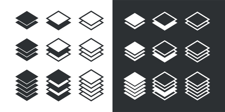 Layers icon set. A pictogram of multiple layers within a composition. Denoting the multi-layer nature of a product or structure.