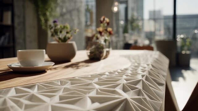 Closeup medium shot of a modern 3D printed table featuring geometric shapes and smooth surface while the surroundings remain softly out of focus.