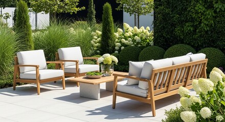 Obraz premium Elegant outdoor patio furniture set displayed at a modern garden expo, showcasing luxury comfort and sophisticated design concept for stylish living