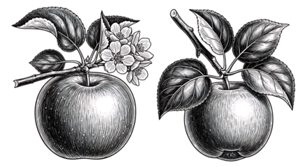 Detailed botanical illustration of apples and blossoms on transparent background