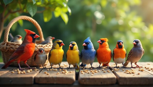 A group of colorful wild birds gather on a wooden table to eat seeds from a basket. Red cardinal, yellow finch, blue jay, and grey sparrow enjoy a meal in a garden setting during daytime.