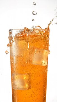 Dynamic close-up shot of refreshing amber beverage splashing over the rim of a tall, condensed glass filled with ice against a stark high-key white background.